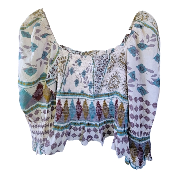 Z&L Europe Sz S Isis Smocked Peplum Multi-color Patchwork Top Milkmaid Babydoll - Picture 3 of 12